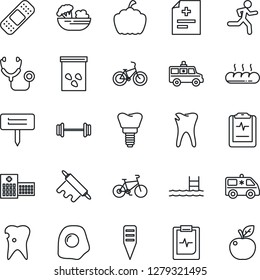 Thin Line Icon Set - plant label vector, pumpkin, seeds, diagnosis, stethoscope, patch, ambulance car, barbell, bike, run, caries, implant, pulse clipboard, hospital, pool, salad, bread, rolling pin