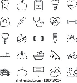 Thin Line Icon Set - plant label vector, pumpkin, heart pulse, stethoscope, dropper, ambulance car, barbell, bike, lungs, caries, implant, clipboard, diet, pool, salad, rolling pin, omelette, cheese