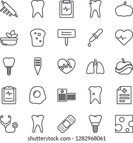 Thin Line Icon Set - plant label vector, pumpkin, heart pulse, diagnosis, stethoscope, dropper, patch, lungs, tooth, caries, implant, clipboard, diet, hospital, salad, bread, rolling pin, omelette