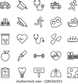 Thin Line Icon Set - plant label vector, seeds, heart pulse, stethoscope, dropper, ambulance car, barbell, run, lungs, implant, clipboard, hospital, salad, bread, rolling pin, omelette, apple fruit