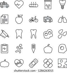 Thin Line Icon Set - plant label vector, pumpkin, seeds, heart pulse, diagnosis, patch, ambulance car, bike, run, lungs, tooth, implant, clipboard, bread, rolling pin, omelette, apple fruit, cheese