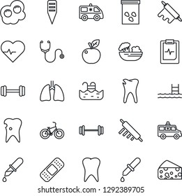 Thin Line Icon Set - plant label vector, seeds, heart pulse, stethoscope, dropper, patch, ambulance car, barbell, bike, lungs, tooth, caries, clipboard, pool, salad, rolling pin, omelette, cheese