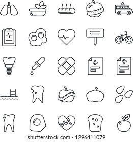 Thin Line Icon Set - plant label vector, pumpkin, seeds, heart pulse, diagnosis, dropper, patch, ambulance car, bike, lungs, caries, implant, clipboard, diet, pool, salad, bread, omelette