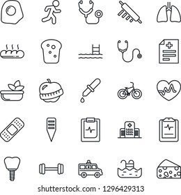 Thin Line Icon Set - plant label vector, heart pulse, diagnosis, stethoscope, dropper, patch, ambulance car, barbell, bike, run, lungs, implant, clipboard, diet, hospital, pool, salad, bread, cheese