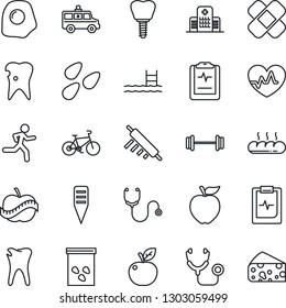 Thin Line Icon Set - plant label vector, seeds, heart pulse, stethoscope, patch, ambulance car, barbell, bike, run, caries, implant, clipboard, diet, hospital, pool, bread, rolling pin, omelette