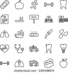 Thin Line Icon Set - plant label vector, pumpkin, seeds, heart pulse, diagnosis, stethoscope, dropper, patch, ambulance car, barbell, run, lungs, tooth, caries, implant, hospital, pool, salad, bread