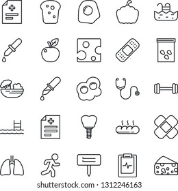 Thin Line Icon Set - plant label vector, pumpkin, seeds, diagnosis, stethoscope, dropper, patch, barbell, run, lungs, implant, pulse clipboard, pool, salad, bread, omelette, apple fruit, cheese