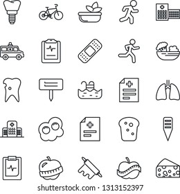 Thin Line Icon Set - plant label vector, diagnosis, patch, ambulance car, bike, run, lungs, caries, implant, pulse clipboard, diet, hospital, pool, salad, bread, rolling pin, omelette, cheese