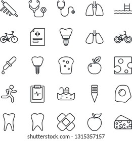 Thin Line Icon Set - plant label vector, diagnosis, stethoscope, dropper, patch, bike, run, lungs, tooth, implant, pulse clipboard, pool, bread, rolling pin, omelette, apple fruit, cheese