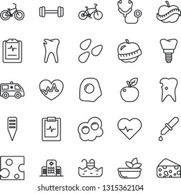 Thin Line Icon Set - plant label vector, seeds, heart pulse, stethoscope, dropper, ambulance car, barbell, bike, caries, implant, clipboard, diet, hospital, pool, salad, omelette, apple fruit