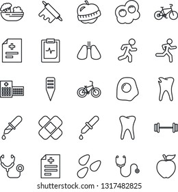 Thin Line Icon Set - plant label vector, seeds, diagnosis, stethoscope, dropper, patch, barbell, bike, run, lungs, tooth, caries, pulse clipboard, diet, hospital, salad, rolling pin, omelette