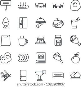 Thin Line Icon Set - plant label vector, pills bottle, diet, fridge, menu, reserved, cocktail, phyto bar, coffee, plates, waiter, egg stand, bread, cafe building, table, ham, cutting board, sushi