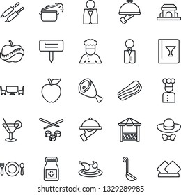 Thin Line Icon Set - plant label vector, pills bottle, diet, waiter, cook, cafe, wine card, cocktail, bacon, building, table, dress code, alcove, chicken, kebab, ham, ladle, steaming pan, sushi