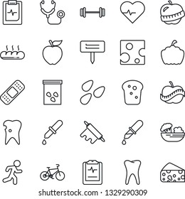 Thin Line Icon Set - plant label vector, pumpkin, seeds, heart pulse, stethoscope, dropper, patch, barbell, bike, run, tooth, caries, clipboard, diet, salad, bread, rolling pin, apple fruit, cheese