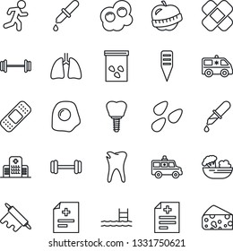Thin Line Icon Set - plant label vector, seeds, diagnosis, dropper, patch, ambulance car, barbell, run, lungs, caries, implant, diet, hospital, pool, salad, rolling pin, omelette, cheese