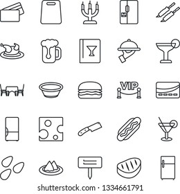 Thin Line Icon Set - plant label vector, seeds, fridge, serviette, wine card, cocktail, beer, waiter, candle, cafe table, vip zone, credit, chicken, steak, kebab, hamburger, hot dog, bowl, knife