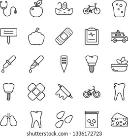 Thin Line Icon Set - plant label vector, pumpkin, seeds, stethoscope, dropper, patch, ambulance car, bike, lungs, tooth, caries, implant, pulse clipboard, pool, salad, bread, rolling pin, cheese