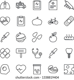 Thin Line Icon Set - plant label vector, pumpkin, seeds, heart pulse, diagnosis, stethoscope, dropper, patch, ambulance car, bike, lungs, implant, clipboard, diet, salad, bread, rolling pin, cheese