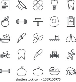 Thin Line Icon Set - plant label vector, pumpkin, seeds, diagnosis, dropper, patch, barbell, bike, run, lungs, tooth, caries, implant, pulse clipboard, hospital, pool, salad, rolling pin, omelette