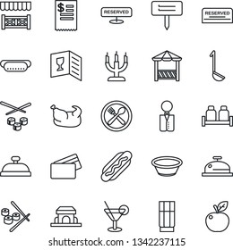 Thin Line Icon Set - plant label vector, waiter, cafe, wine card, reserved, reception, drink, cocktail, salt and pepper, building, candle, alcove, credit, restaurant receipt, chicken, hot dog, ladle
