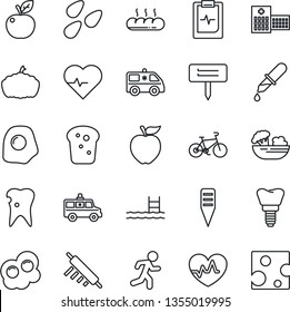 Thin Line Icon Set - plant label vector, pumpkin, seeds, heart pulse, dropper, ambulance car, bike, run, caries, implant, clipboard, hospital, pool, salad, bread, rolling pin, omelette, apple fruit