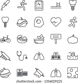 Thin Line Icon Set - plant label vector, pumpkin, heart pulse, stethoscope, dropper, bike, run, lungs, implant, clipboard, diet, hospital, pool, salad, rolling pin, omelette, cheese