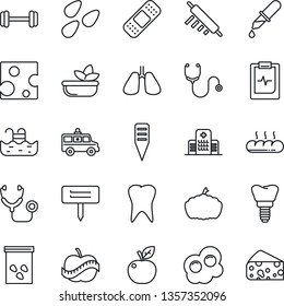 Thin Line Icon Set - plant label vector, pumpkin, seeds, stethoscope, dropper, patch, ambulance car, barbell, lungs, tooth, implant, pulse clipboard, diet, hospital, pool, salad, bread, rolling pin
