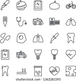 Thin Line Icon Set - plant label vector, pumpkin, seeds, heart pulse, stethoscope, dropper, ambulance car, bike, lungs, caries, implant, clipboard, diet, hospital, pool, omelette, cheese
