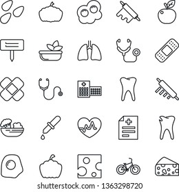 Thin Line Icon Set - plant label vector, pumpkin, seeds, heart pulse, diagnosis, stethoscope, dropper, patch, bike, lungs, tooth, caries, hospital, salad, rolling pin, omelette, apple fruit, cheese