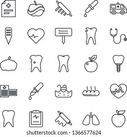 Thin Line Icon Set - plant label vector, pumpkin, heart pulse, diagnosis, stethoscope, dropper, ambulance car, lungs, tooth, caries, implant, clipboard, diet, hospital, pool, bread, rolling pin