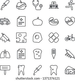 Thin Line Icon Set - plant label vector, pumpkin, heart pulse, diagnosis, stethoscope, dropper, patch, ambulance car, bike, run, lungs, caries, diet, hospital, salad, bread, rolling pin, omelette