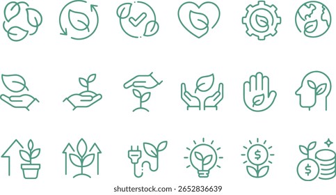 Thin line icon set of plant leaf ecology environment recycle sustainability. Pixel perfect icons, editable stroke.