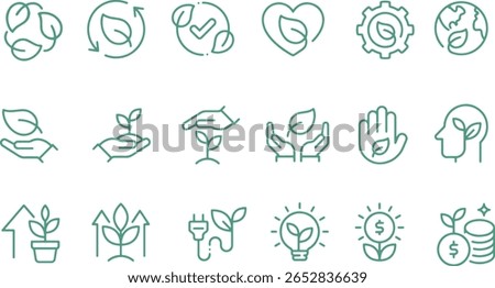 Thin line icon set of plant leaf ecology environment recycle sustainability. Pixel perfect icons, editable stroke.