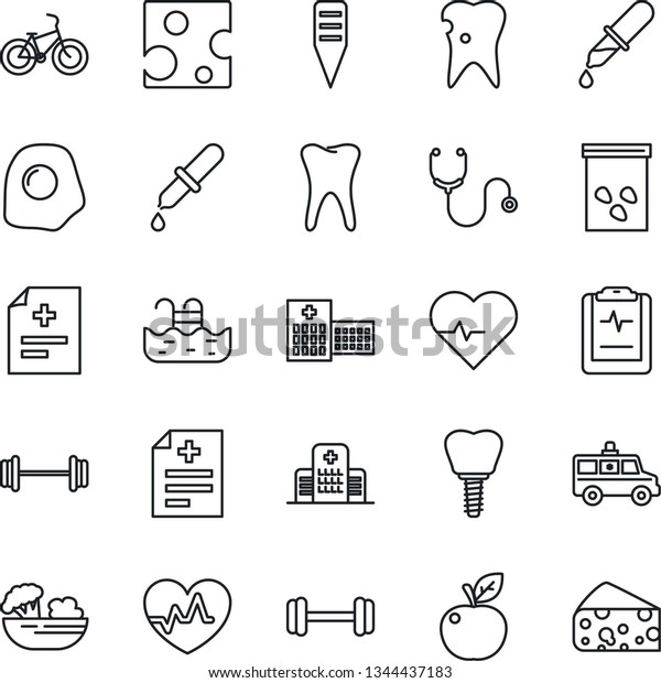 Thin Line Icon Set - plant label vector, seeds,\
heart pulse, diagnosis, stethoscope, dropper, ambulance car,\
barbell, bike, tooth, caries, implant, clipboard, hospital, pool,\
salad, omelette, cheese
