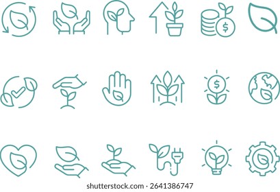 Thin line icon set of plants. Symbol collection of plant leaf recycling seedling green energy planet earth ecology environment. Pixel perfect icons editable stroke.	