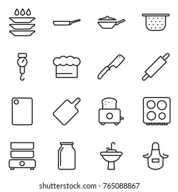 Thin line icon set : plate washing, pan, colander, handle scales, chief hat, chef knife, rolling pin, cutting board, toaster, hob, double boiler, bank, water tap sink, apron