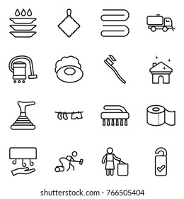 Thin line icon set : plate washing, rag, towel, sweeper, vacuum cleaner, soap, tooth brush, house cleaning, plunger, drying clothe, toilet paper, hand dryer, garbage bin, please clean