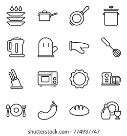 Thin line icon set : plate washing, saute pan, kettle, cook glove, whisk, knife holder, grill oven, induction, food processor, fork spoon, eggplant, bread, dish cleanser