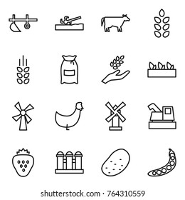 Thin line icon set : plow, soil cutter, cow, spikelets, flour, harvest, seedling, windmill, chicken, harvester, strawberry, grain elevator, potato, peas