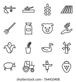Thin line icon set : plow, soil cutter, spikelets, field, fork, flour, pig, harvest, corn, seedling, goose, windmill, sheep, tractor, scarecrow, strawberry