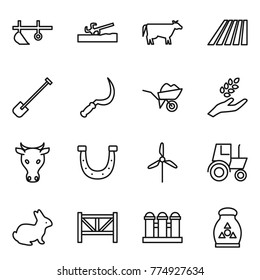 Thin line icon set : plow, soil cutter, cow, field, shovel, sickle, wheelbarrow, harvest, horseshoe, windmill, tractor, rabbit, farm fence, grain elevator, fertilizer