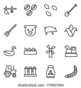 Thin line icon set : plow, coffee seeds, shovel, fork, pig, corn, goose, seedling, windmill, harvester, tractor, grain elevator, fertilizer, peas