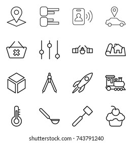 thin line icon set : pointer, diagram, pass card, car, delete cart, equalizer, drawbridge, project, 3d, drawing compasses, rocket, train, thermometer, ladle, meat hammer, cupcake