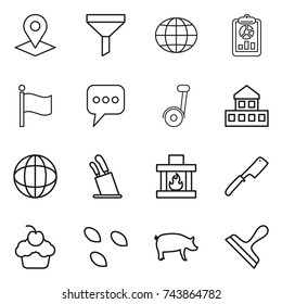 thin line icon set : pointer, funnel, globe, report, flag, message, segway, cottage, stands for knives, fireplace, chef knife, cupcake, seeds, pig, scraper