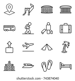 thin line icon set : pointer, greate wall, airport building, bus, tourist, passenger, suitcase, baggage, departure, tent, palm, hotel, yacht, flip flops, bed
