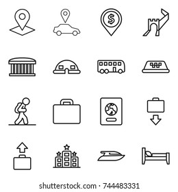 thin line icon set : pointer, car, dollar pin, greate wall, airport building, dome house, bus, taxi, tourist, suitcase, passport, baggage get, hotel, yacht, bed