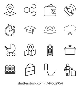 thin line icon set : pointer, share, wallet, call, stopwatch, graduate hat, group, cloud wireless, baby stroller, map, remote control, pan, spices, cake, toilet, garbage bin