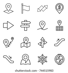 thin line icon set : pointer, flag, up down arrow, dollar pin, right, singlepost, geo, map, route, escalator, handwheel, compass