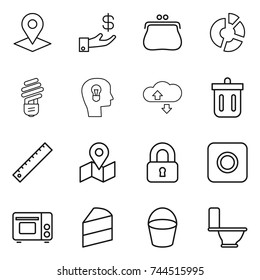 thin line icon set : pointer, investment, purse, circle diagram, bulb, head, cloude service, bin, ruler, map, locked, ring button, grill oven, cake, bucket, toilet