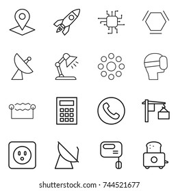 thin line icon set : pointer, rocket, chip, hex molecule, satellite antenna, table lamp, round around, virtual mask, electrostatic, calculator, phone, loading, power socket, mixer, toaster